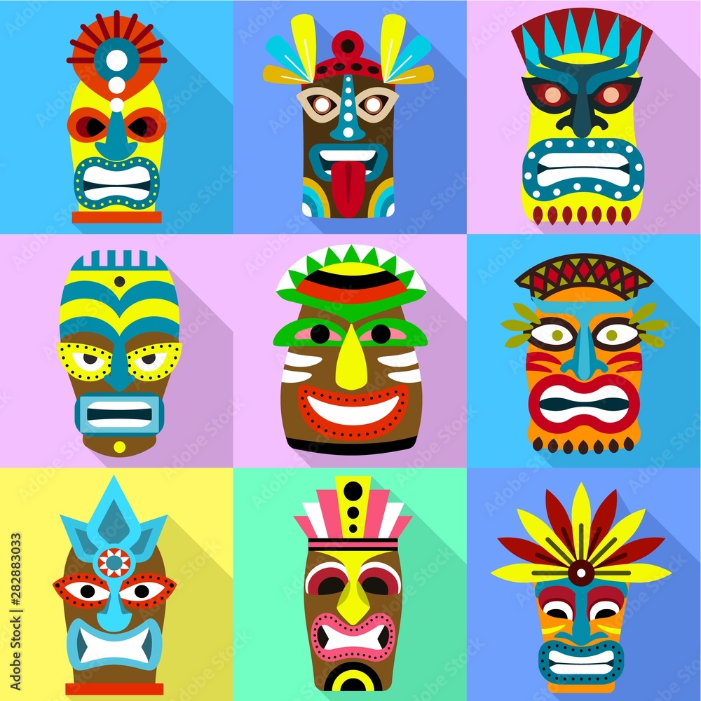 Poster aboriginal mask icon set. flat set of 9 aboriginal mask vector icons for web design isolated on whit