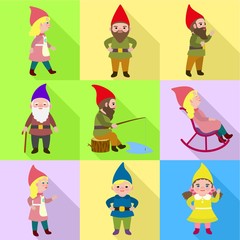 Fantasy gnome icon set. Flat set of 9 fantasy gnome vector icons for web design isolated on white background