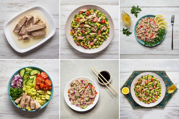 Food collage of salads with canned tuna