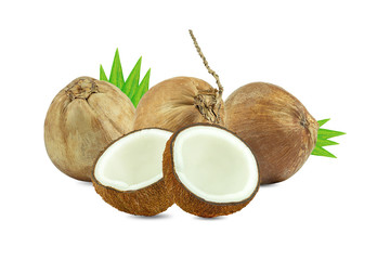 Coconuts and green palm tree leaf isolated on a white background.Healthy Food, skin care concept.
