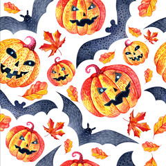 Seamless background in watercolor pumpkins, autumn leaves and bats. Pattern for the autumn holiday Halloween. Mystical, fabulous, fun style. Bright texture for packaging, textiles.