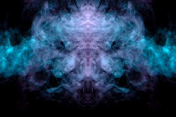 A large ball of smoke of pink and green with an abstract and mystical pattern on a black background. Print for clothes.