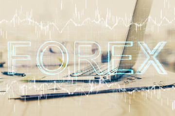 Multi exposure of chart and financial info and work space with computer background. Concept of...