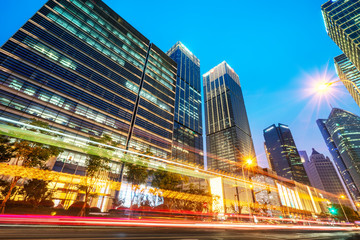 the light trails on the modern building background