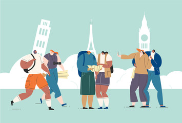 Tourism and hiking. Group Young Hipster Tourists Friends with backpacks and a map. Tourism on Urban Background Concept Flat Cartoon Vector Illustration