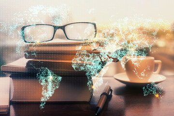 Social network theme drawing with glasses on the table background. Concept of people media connection. Double exposure.