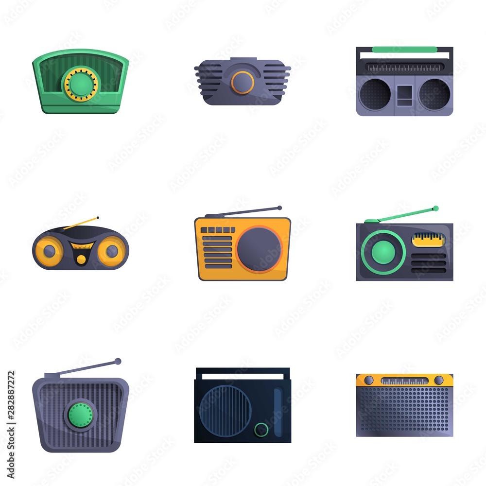 Poster retro radio icon set. cartoon set of 9 retro radio vector icons for web design isolated on white bac