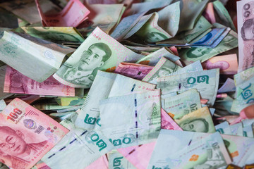 thai money, thai baht in donetion box, all bill thai baht banknote background.
