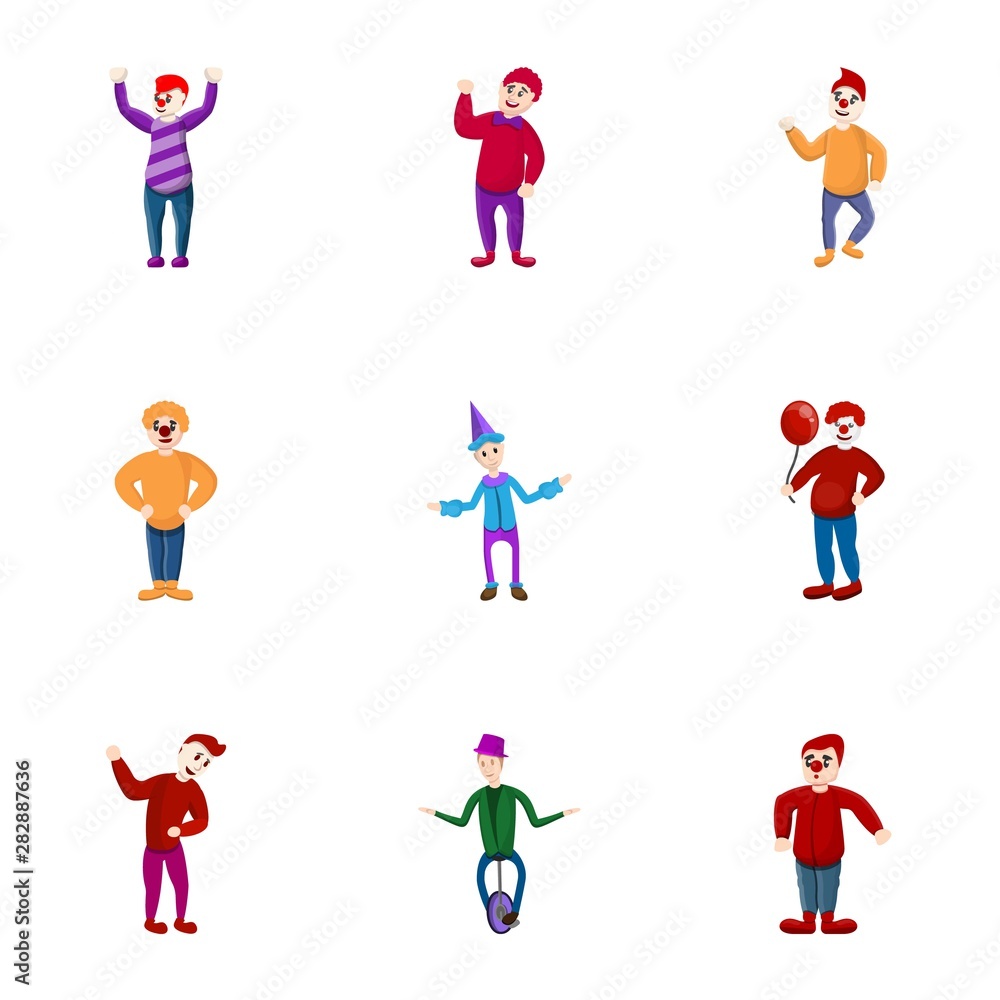 Poster amusement clown icon set. cartoon set of 9 amusement clown vector icons for web design isolated on w