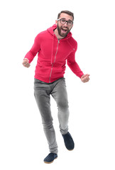 in full growth. portrait of cheerful trendy guy