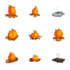 Hot campfire icon set. Cartoon set of 9 hot campfire vector icons for web design isolated on white background
