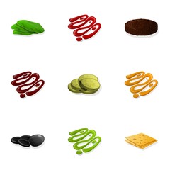 Burger sauce icon set. Cartoon set of 9 burger sauce vector icons for web design isolated on white background