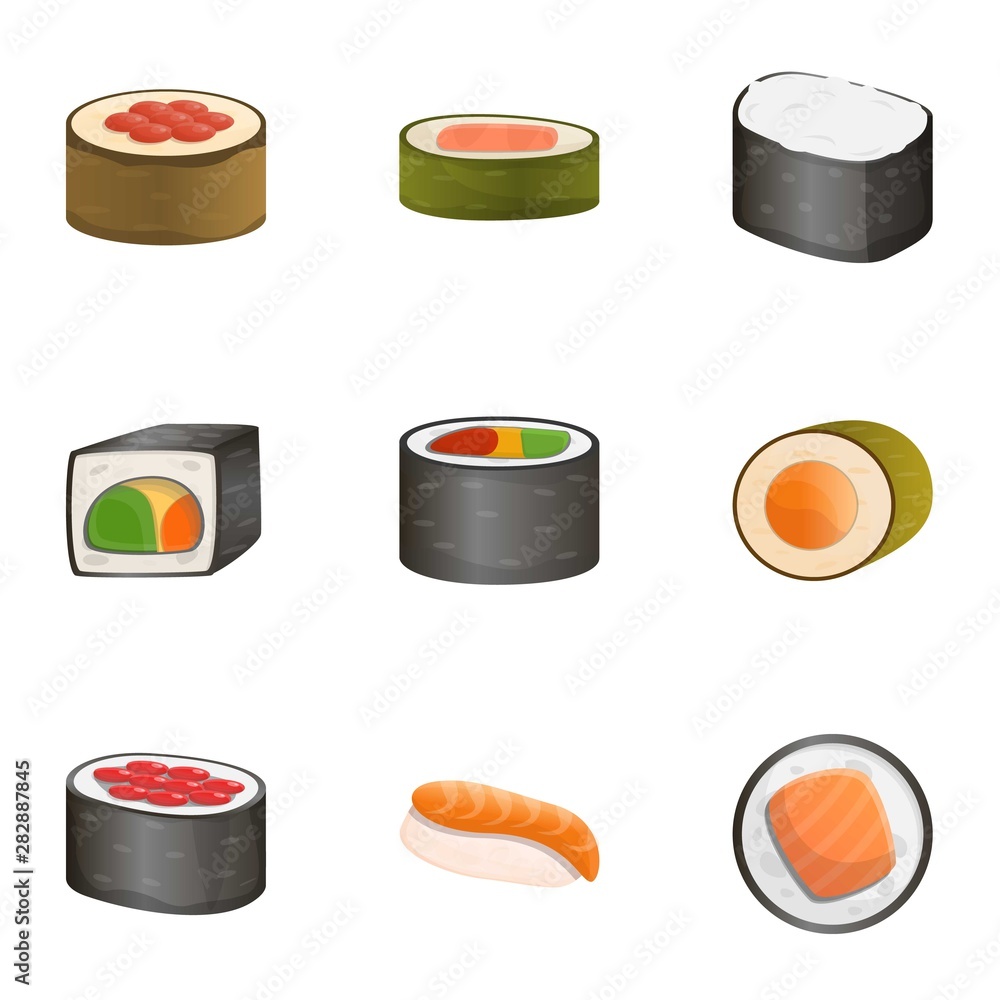 Poster raw sushi roll icon set. cartoon set of 9 raw sushi roll vector icons for web design isolated on whi