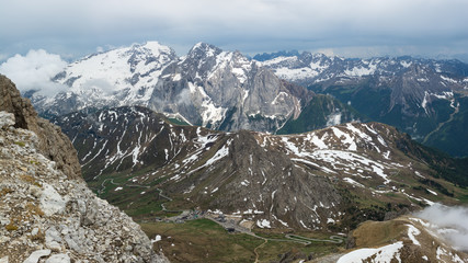 Beautiful view on the Marmolada mountain and Pass Pordoi from Sella. Dolomites, Italy