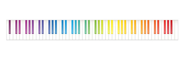 Grand piano keyboard layout with 88 keys. 52 white and 36 black keys, 7 full octaves. Set of levers on a musical instrument for playing the twelve notes of Western musical scale. Illustration. Vector.