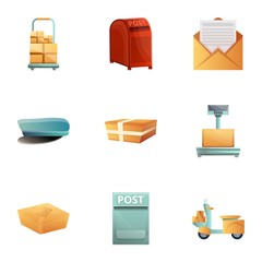 Postal city service icon set. Cartoon set of 9 postal city service vector icons for web design isolated on white background