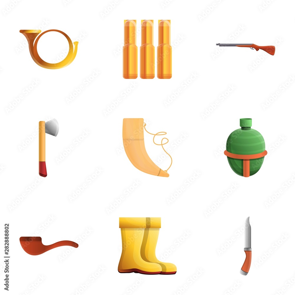 Poster hunting tools icon set. cartoon set of 9 hunting tools vector icons for web design isolated on white