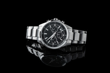 Luxury wrist watch. brand. Japan watch..Luxury watch isolated on a black background with reflection. High quality. Highclass. - obrazy, fototapety, plakaty