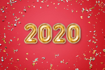 New year 2020 concept. Red festive background with confetti. New year minimal pattern.