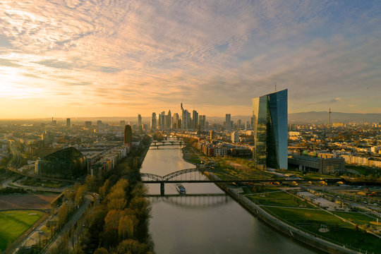View of the ECB in Frankfurt and the Skyline
