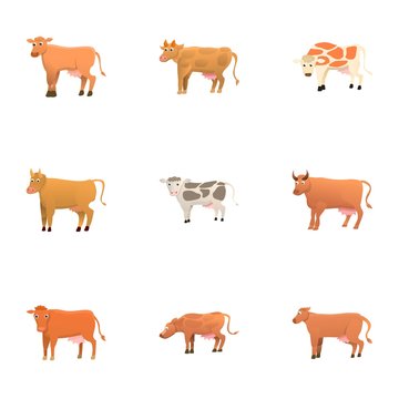 Brown Cow Icon Set. Cartoon Set Of 9 Brown Cow Vector Icons For Web Design Isolated On White Background