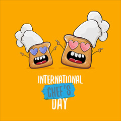International chef day greeting card or banner with vector funny cartoon chef bread with cheaf hat isolated on orange background.