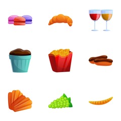 French national food icon set. Cartoon set of 9 french national food vector icons for web design isolated on white background