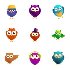 Cute birds character icon set. Cartoon set of 9 cute birds character vector icons for web design isolated on white background