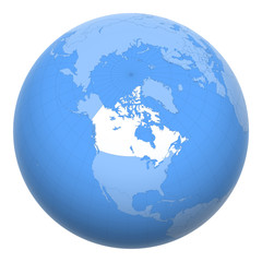 Canada on the globe. Earth centered at the location of Canada. Map of Canada. Includes layer with capital cities.