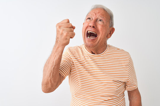 Senior grey-haired man wearing striped t-shirt standing over isolated white background angry and mad raising fist frustrated and furious while shouting with anger. Rage and aggressive concept.