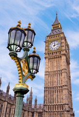 Fototapeta na wymiar London England Big Ben Clock Tower, Westminster Bridge Lamp Post and Sky,.