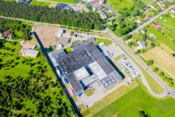Aerial drone view on distribution center. Logistic and transport concept