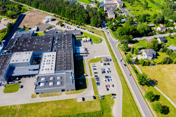 Aerial drone view on distribution center. Logistic and transport concept