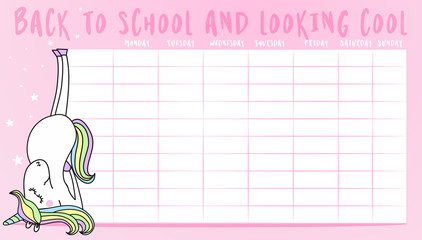 School timetable with cute unicorn doodle. Vector school timetable chalk sketch schedule, education.