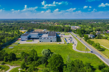 Aerial drone view on distribution center. Logistic and transport concept