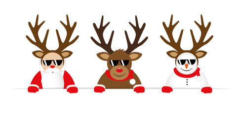 funny christmas cartoon with cute reindeer santa claus and snowman with sunglasses and antler vector illustration EPS10