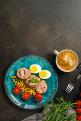 Breakfast snack, tasty food (pate, toast, tomato, corn, egg, coffee). top view. food background. copy space