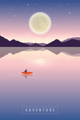 lonely canoeing adventure with orange boat at night with full moon romantic landscape vector illustration EPS10