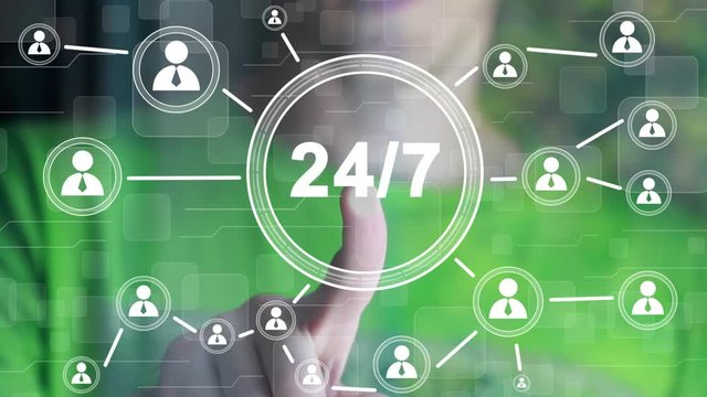 Businessman presses hand button 24 hours service online network icon