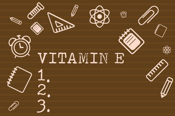 Writing note showing Vitamin E. Business photo showcasing Antioxidant Protects body tissue from damage caused by substances.