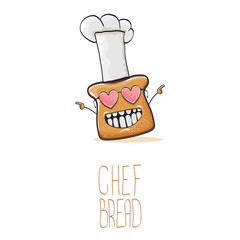 vector funky cartoon cute bread chef character with white chef hat isolated on white background. My name is bread concept illustration. Bakery funky logo or mascot design template