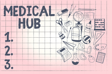 Conceptual hand writing showing Medical Hub. Business photo showcasing Common connection point for medical devices in a network.