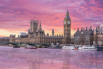 City of London England Skyline from Thames River, Parliament, Westminster, Big Ben, Sunset Sky Reflection