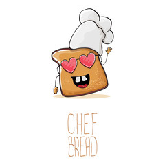 vector funky cartoon cute bread chef character with white chef hat isolated on white background. My name is bread concept illustration. Bakery funky logo or mascot design template
