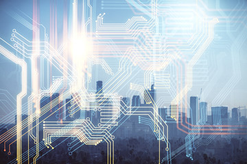 Map and data theme hologram on city view with skyscrapers background double exposure. International technology in business concept.