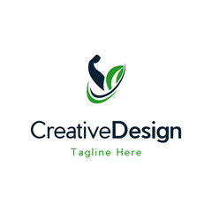 Biceps and Leaf Logo Template. Sports Nutrition Vector Design. Muscles Illustration