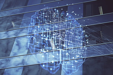 Brain hologram drawing on city scape background Double exposure. Brainstorming concept.