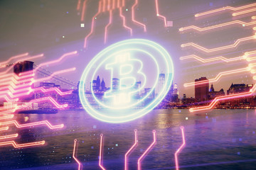 Multi exposure of cryptocurrency theme hologram drawing and city veiw background. Concept of...