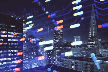 Foto auf Acrylglas Data theme hologram drawing on city view with skyscrapers background multi exposure. Ai concept. © peshkova
