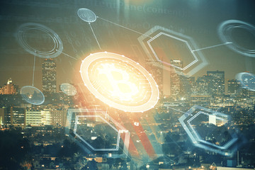 Fototapeta premium Multi exposure of cryptocurrency theme hologram drawing and city veiw background. Concept of blockchain and bitcoin.